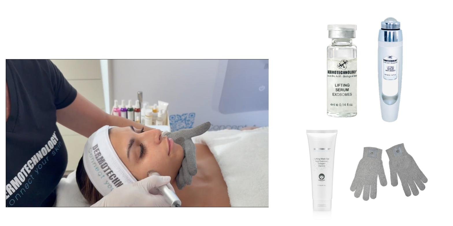 Soin Skin Face Sculpting présenté avec le sérum liftant et les gants argent